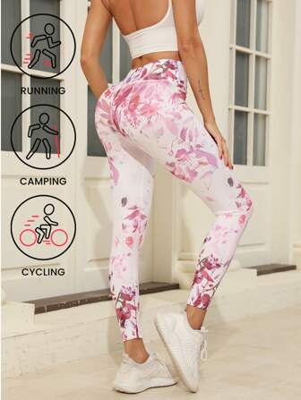 Pink Floral Print Yoga Pants, Elastic Fitness Running Sports Leggings, Women Sports Activewear