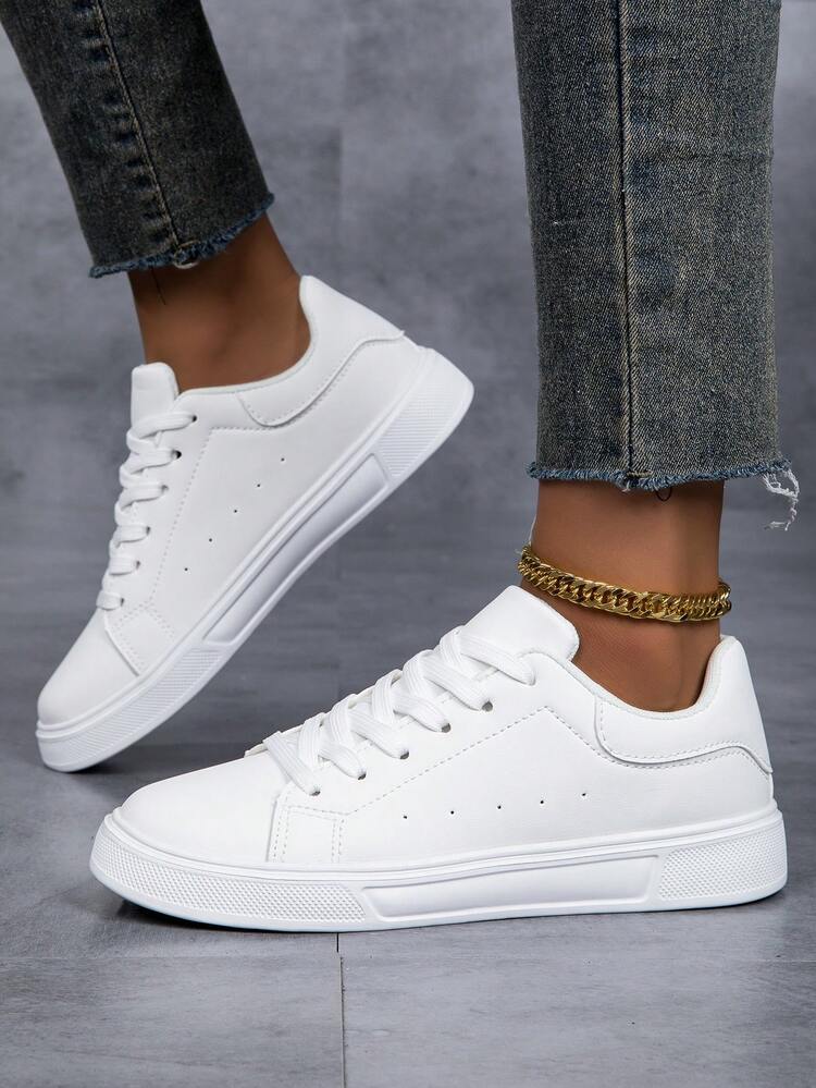 Damen weiße Sneaker mit dekorativen Details und Schnürverschluss, Lässig Style Sportschuhe - Weiss - Übersicht 6