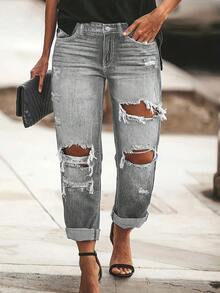 2025 European And American Spring And Summer New Casual Mid-Waist Ripped Straight Pants Street Style Long Jeans For Women - Light Grey - View 2