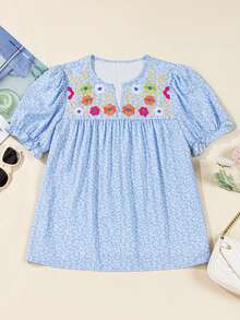 Sky Blue Floral Embroidery Puff Sleeve V-Neck Cold-Shoulder Top - Blue - View 9