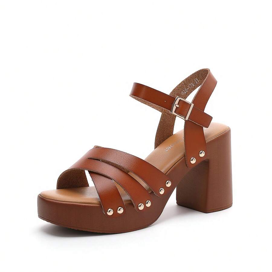 Ladies Thick Sole Adjustable Buckle Design Fashion High Heel Sandals Summer Sandals For Women - Camel - View 1