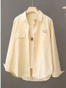 Cream Yellow Women Shacket, Suitable For All Seasons, Pocketed Solid Color Casual Cardigan, Women Summer Tops - Yellow - View 4