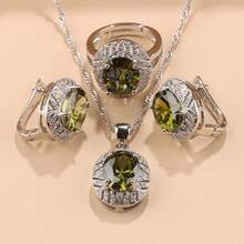 4 件 925 镀银时尚婚礼大首饰套装新娘服装彩色锆石耳环和吊坠戒指耳环女士圣诞节和感恩节生日礼物