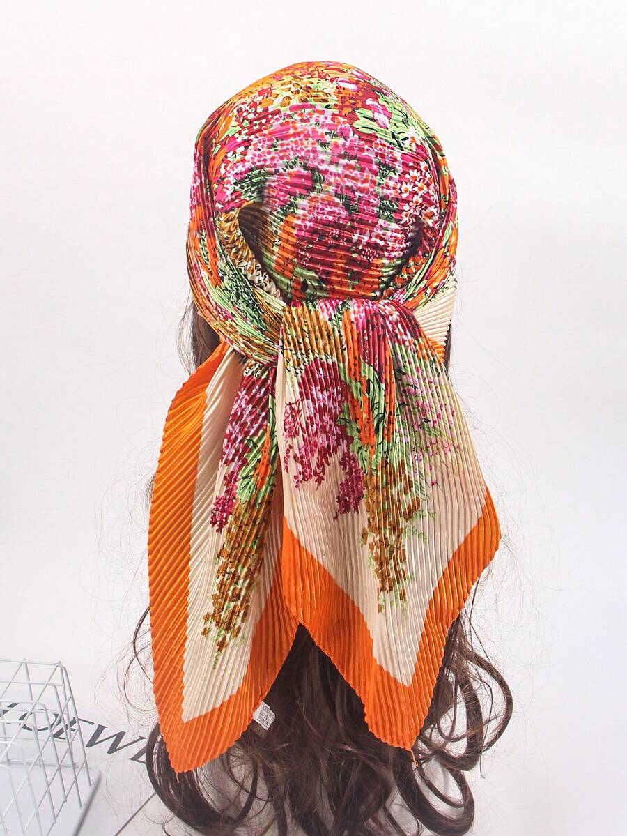 1 件春夏新款配饰女士 90 厘米褶皱印花围巾、女士头巾和方形围巾、发饰、头带、发带、头巾、时尚配饰、箍、阿巴亚，适合海滩度假和日常生活，为您的风格增添亮点 - 橘色 - 查看 1