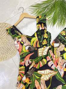 Long Dress PRINTED With Lining With Cup In Beautiful, Fashionable CREPINHO Fabric - Black Gold - View 4