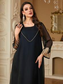 Women's Style Black Square Collar Long Sleeve Ribbon Patchwork Sequins Floral Trim Long Robe, Modest Kaftan - Black - View 6