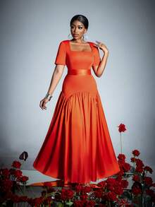 Damen Kleid mit quadratischem Ausschnitt und kurzen Ärmeln, eleganter fließender Stil - raffinierter Frühlings- und Sommerstil für Hochzeiten, Gartenpartys, formelle Anlässe, gehobene Abendessen, Partykleid, für Cocktails - Orange - Übersicht 5