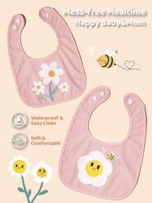 2 Packs Waterproof Baby Bibs With Daisy & Bee Print – Soft, Comfortable & Easy To Clean, Mess-Free Feeding For Infants ,Baberos Impermeables