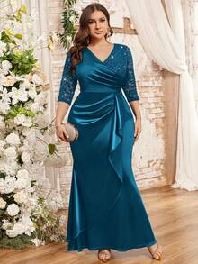 Đầm dạ hội dáng đuôi cá bằng satin phối ren hoa đính sequin cổ chữ V, cỡ lớn, thích hợp cho các dịp trang trọng, mùa đông, ngày Valentine, dự đám cưới, lễ tốt nghiệp, tiệc gala, v.v. Sang trọng mùa xuân - Màu xanh bụi bặm - Xem 2
