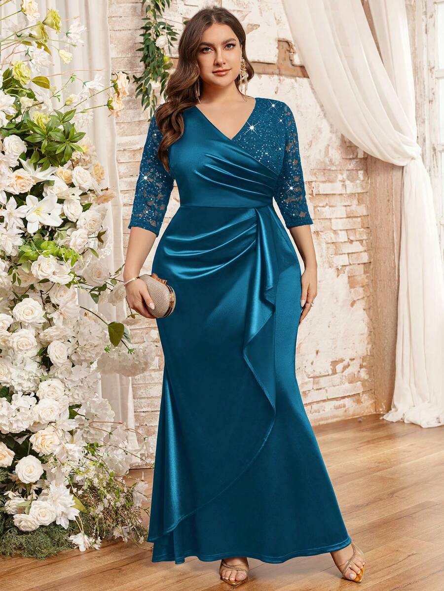 Đầm dạ hội dáng đuôi cá bằng satin phối ren hoa đính sequin cổ chữ V, cỡ lớn, thích hợp cho các dịp trang trọng, mùa đông, ngày Valentine, dự đám cưới, lễ tốt nghiệp, tiệc gala, v.v. Sang trọng mùa xuân