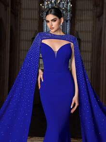 Faeriesty Abaya Elegant Gorgeous Two Pieces Rhinestone-Embellished Mermaid Gown With Dramatic Shoulder Cape - Perfect For High-End Weddings, Red Carpet Events, Black-Tie Balls, And Awards Ceremonies - Royal Blue - View 7