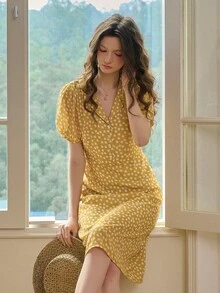 Simple Retro Puff - Sleeved Woven Dress With Small Daisy Print And Turn - Down Collar For Spring And Summer - Yellow - View 7