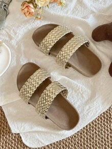 1 par de chanclas de verano promoción color marrón tierra, resistentes al desgaste, de moda y sencillas, con suela blanca gruesa, para niñas de 3 a 12 años, adecuadas para uso interior y exterior, con diseño trenzado de doble hebilla dorada