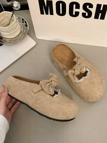 女式复古水钻装饰厚底一脚蹬露趾穆勒鞋，鞋底柔软舒适 - 駝色 - 查看 6