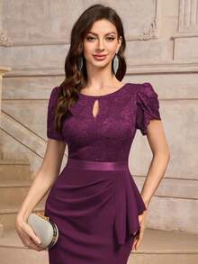 MIUSOL Keyhole Neckline Floral Lace Puff Sleeve Ruffle Trim Cocktail Party Bodycon Dress - Maroon - View 8