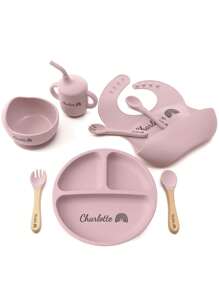 Juego de 8 piezas de vajilla de bebé de silicona con diseño personalizado, incluye plato con ventosa, tazón, taza, babero, cucharas y tenedores blandos, multiusos, ornamentales, con letras, de colores lisos, exquisitos, coloridos, adorables, casuales, personalizados, regalos ideales para bebés, hijo o hija