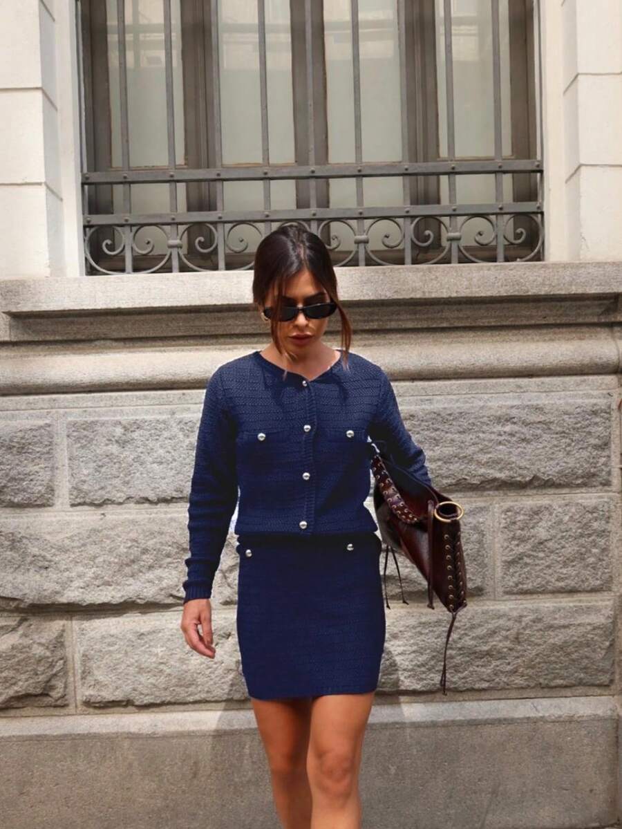 Women's Knit Set Coat And Skirt Buttons Pearls Gold Autumn Winter Elegant Fashion