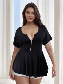 Women T-Shirt, Short Sleeve Zipper Closure Solid Summer Tops Streetwear For Casual Daily - Black - View 4