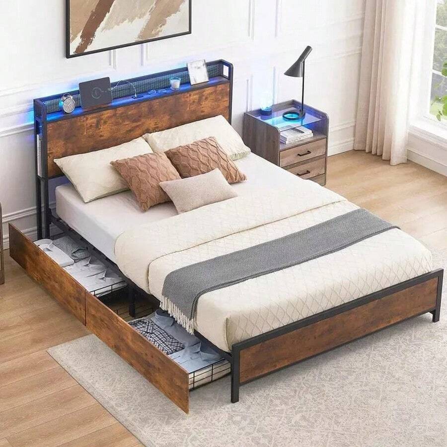 Queen Size Bed Base + Headboard + 4 Drawers LED USB - Rust Brown - View 1