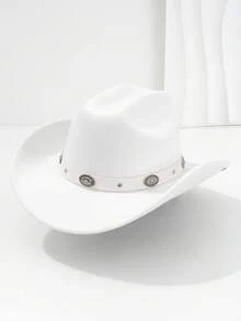 1 件男女通用纯色铆钉 PU 皮革爵士巴拿马西部宽边卷边帽