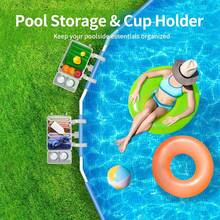 1套带挂钩和杯架的池畔储物篮、可伸缩泳池篮、泳池饮料水杯架、户外泳池篮、灰色塑料材质、地上泳池配件、毛巾整理架、温泉水疗储物篮、可容纳3英寸或更少顶部栏杆、池畔饮料毛巾储物容器、沙滩必需品、沙滩配件、泳池浮板 - 彩色 - 查看 8