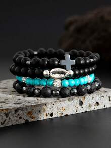 4pcs/Set Volcanic Stone & Turquoise Beads Men Elastic Bracelet Set, Festival Gift For Men - 4-piece Set - View 9