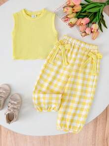 2 件女婴休闲宽松可爱背心 + 格子裤套装，轻盈夏季