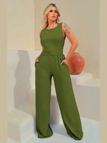 Women's Long Jumpsuit Tank Top Pantaloons With Pockets Premium Luxury Line - 軍綠色 - 查看 3