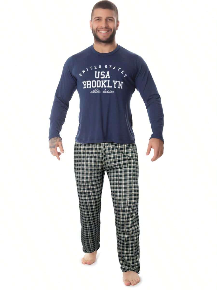 Plaid Pants And Blouse Printed Sleep Set Comfortable Cotton Pajamas For Men - Xám - Xem 1
