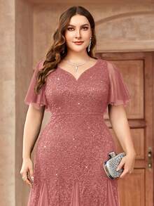 Plus Sweetheart Neck Sequin Floral Lace Ruffle Sleeve Contrast Mesh Hem Formal Evening Party Dress, Elegant Formal Prom Wedding Guest Gown, For Graduation, Dinner, Homecoming - Bụi hồng - Xem 7