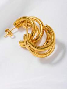 A Pair Of 18k Gold Jewelry Three-Layer Stud Earrings, Elegant Stainless Steel Geometric-Shaped Luxury Earrings For Women, Suitable For Everyday Wear, Parties, And As A Jewelry Gift. - Yellow Gold - View 5