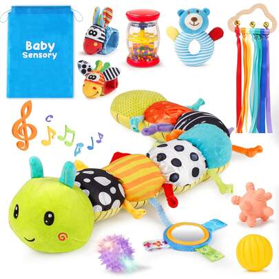 Joyreal 10-Piece Newborn Sensory Toy Set For Babies 0-6 Months, Baby Musical Caterpillar Toy, Rattles, Ribbons And Sensory Box, Essential Toys For Babies, Early Learning Gifts For Boys And Girls