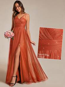 EVERPRETTY Elegant Deep V-Neck Split Back Bridesmaid Dress For Wedding - Burnt Orange - View 6