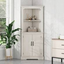Armario de esquina alto con puertas para la sala de estar, el baño, el comedor o la cocina - Beige + Tablero de partículas + MDF - Ver 2
