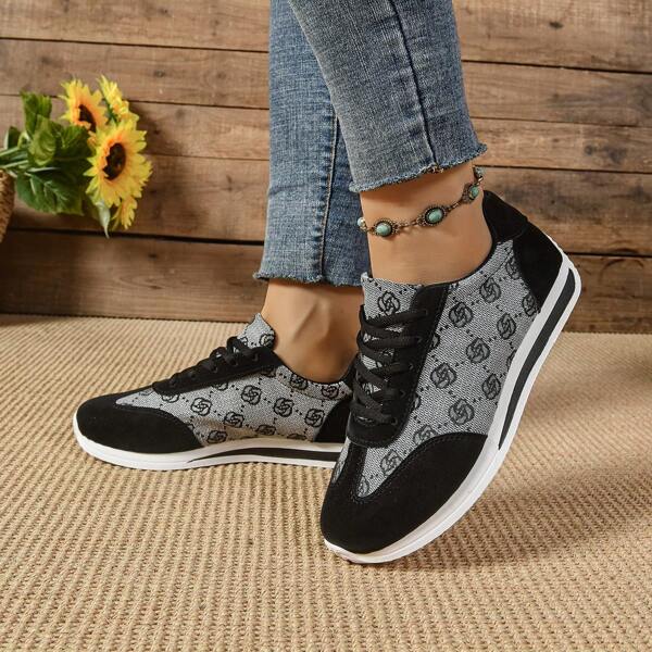 Tênis esportivos casuais femininos com bloco de cores vintage e flor, sapatos clássicos versáteis para estudantes