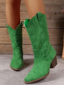 Women's Fashion Slip-On Solid Color Embroidered Versatile Pointed-Toe Wedge Heel Ankle Boots, - Army Green - View 1