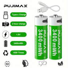 PUJIMAX 8pcs AA 1.5V 3400mWh Rechargeable Lithium Batteries, Type-C Port Charging, Save More Money, Stable Voltage, Quality Is Far Ahead. Suitable For Alarm Clock, Remote Control, Doorbell, Camera, Flash, Shaver, CD Player, Power Remote Control, Halloween Lights. [Please Use Type-C Port Cable For Charging] - AA - View 3