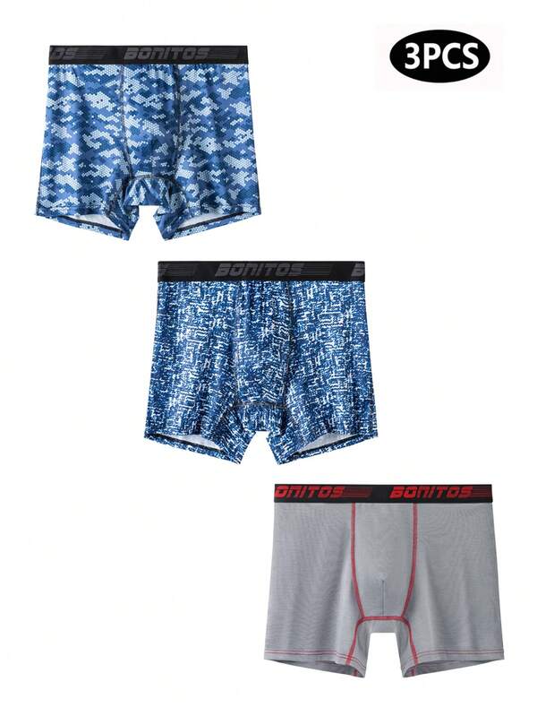 3 قطع/عبوة سروال داخلي رجالي كبير الحجم مطبوع بشريط مطاطي، شورتات داخلية وملابس نوم (طباعة عشوائية غير متماثلة)
