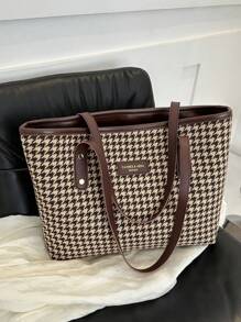 1 pezzo Borsa a tracolla grande in nylon marrone liscio, con cerniera, design con lettera, motivo pied-de-poule, decorata con rivetti, versatile e casual, adatta per uso quotidiano delle donne