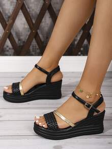 Ladies' Casual Beach Vacation Roman Style Open Toe Thick Bottom Wedge Sandals - Black - View 6