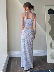 Summer European And American Style Ditsy Floral Bow Lace Trim Camisole Long Dress 2 Pieces Set, Vacation Casual Elegant