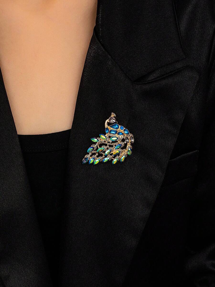 1pc New Fashion Simple Elegant Rhinestone Peacock Brooch - Multicolor - View 1