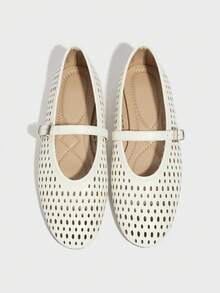 女士芭蕾舞鞋，透气镂空圆头玛丽珍鞋，白色