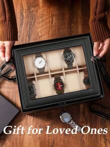 1pc Unisex Watch Box Organizer, 2/3/6/10/12 Slots Watch Storage Box With Top Glass Display And Removable Cushions In Each Slot, Made Of Premium Leather For Watch Collection And Display Summer For Women Storage Organizer Gift Wedding Back To School - Black - View 6