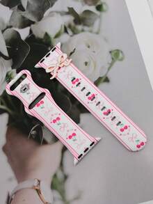 1条樱桃蝴蝶结硅胶智能手表表带，兼容 49/46/45/44/42/41/40/38mm，时尚印花表带搭配白色蝴蝶结吊坠，优雅腕带，适用于 Series 10、Ultra、2-9、8、7、6、5、4、3、2、SE，兼容配件