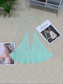 Women's V-Neck Ruffled Trim Knit Sweater, Lightweight For Summer - Baby Blue - View 2