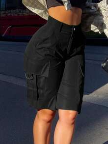 Women's Solid Color Casual Versatile Multi-Pocket Cargo Shorts - Black - View 5