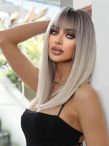 Peruca de 14 polegadas, Peruca de Cabelo Sintético com Gradiente Rosa para Mulheres, Cabelo Médio Liso com Franja, Adequada para Uso Diário, Festa, Festa, Férias, Natural, Elegante, Romântica, Sexy, Simples