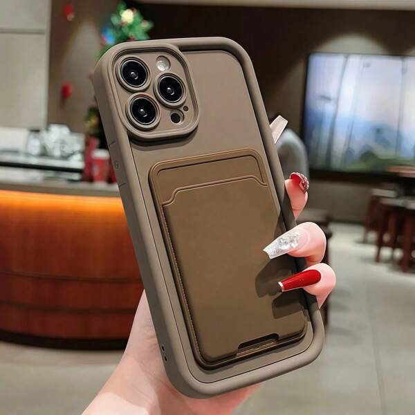 1pc Ultra-Thin Brown Minimalist Lens Protection Anti-Drop Phone Case With Brown Card Holder, Personalized Compatible With IPhone 16 Pro Max, 15/14 Plus, 13, 12, 11, Suitable For Series