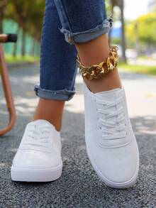 Women's White Shoes, British Style Pure White Lace-Up Leather Sneakers, Round Toe Low-Top Flat Skate Shoes, Fashionable Breathable Non-Slip Small White Shoes For Students